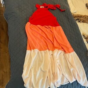 Elegant Red and Pink Halter Dress